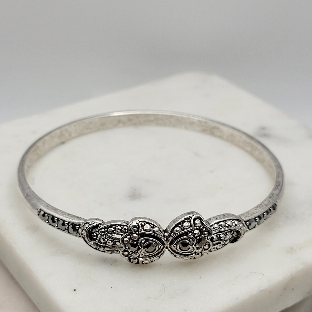 Sterling Silver Bangle Bracelet with Intricate Marcasite Detailing Unsigned